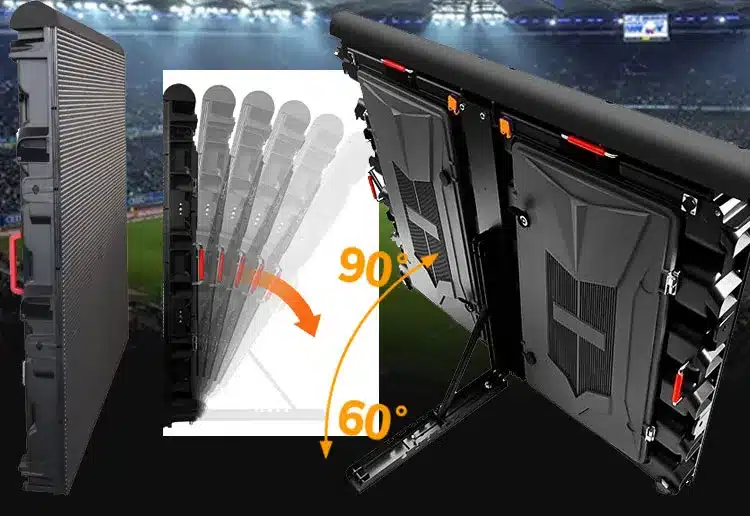 Perimeter LED screen with independent support structure and 60-90 degree adjustable angle