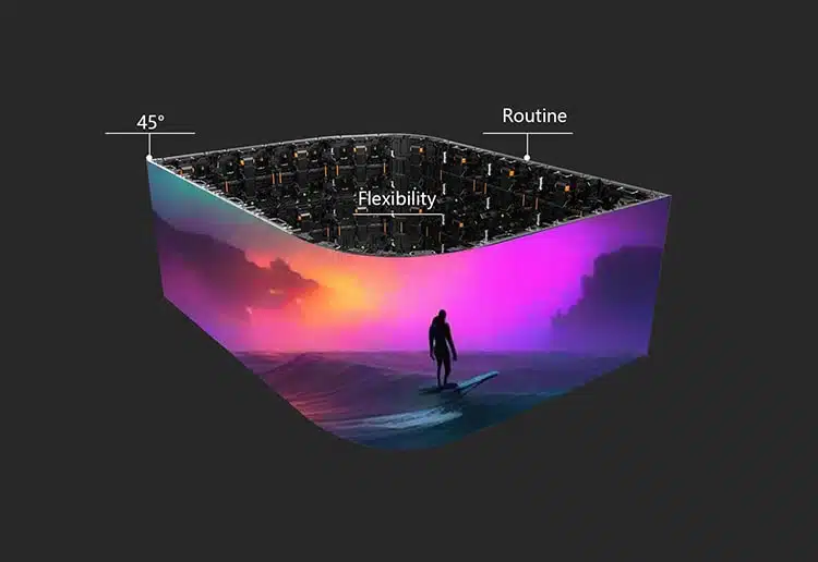 Modular rental LED panel system mixing flat, curved and 45° cabinets
